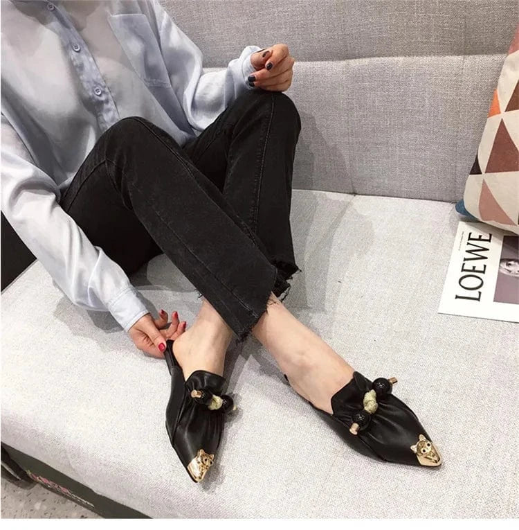 Elegant Women Spring Summer Fashion Loafers Female Metal Pooint Toe Solid Color Flat Low Heel Sandal