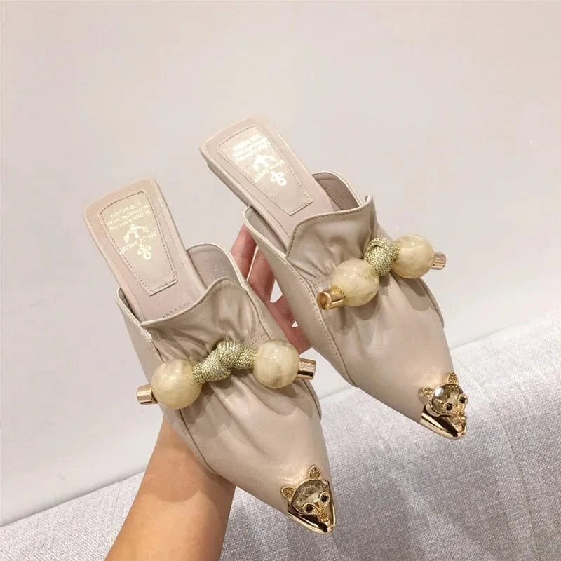 Elegant Women Spring Summer Fashion Loafers Female Metal Pooint Toe Solid Color Flat Low Heel Sandal