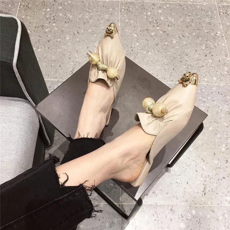 Elegant Women Spring Summer Fashion Loafers Female Metal Pooint Toe Solid Color Flat Low Heel Sandal