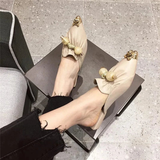 Elegant Women Spring Summer Fashion Loafers Female Metal Pooint Toe Solid Color Flat Low Heel Sandal