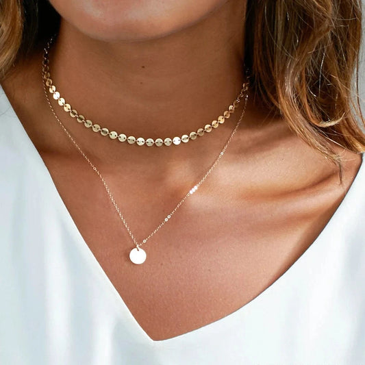 eManco 316L stainless steel necklace women dainty coin choker chain minimalist double layered necklace set wholesale