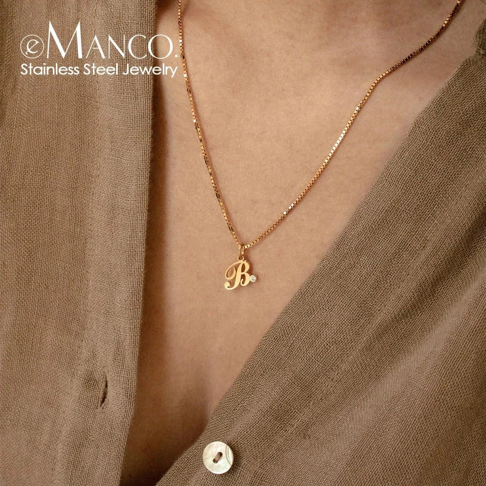eManco Box Chain Necklace Women's Fashion Stainless Steel Jewelry Diy Personalized Alphabet Letters Birthstone Name Necklace