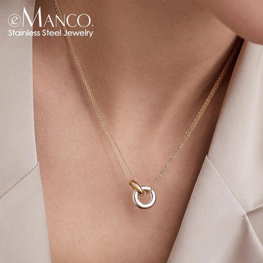 eManco Stainless Steel Two Color Crossing Circle Pendant Necklaces for Women Chokers Trend Fashion Festival Party Gift Jewelry