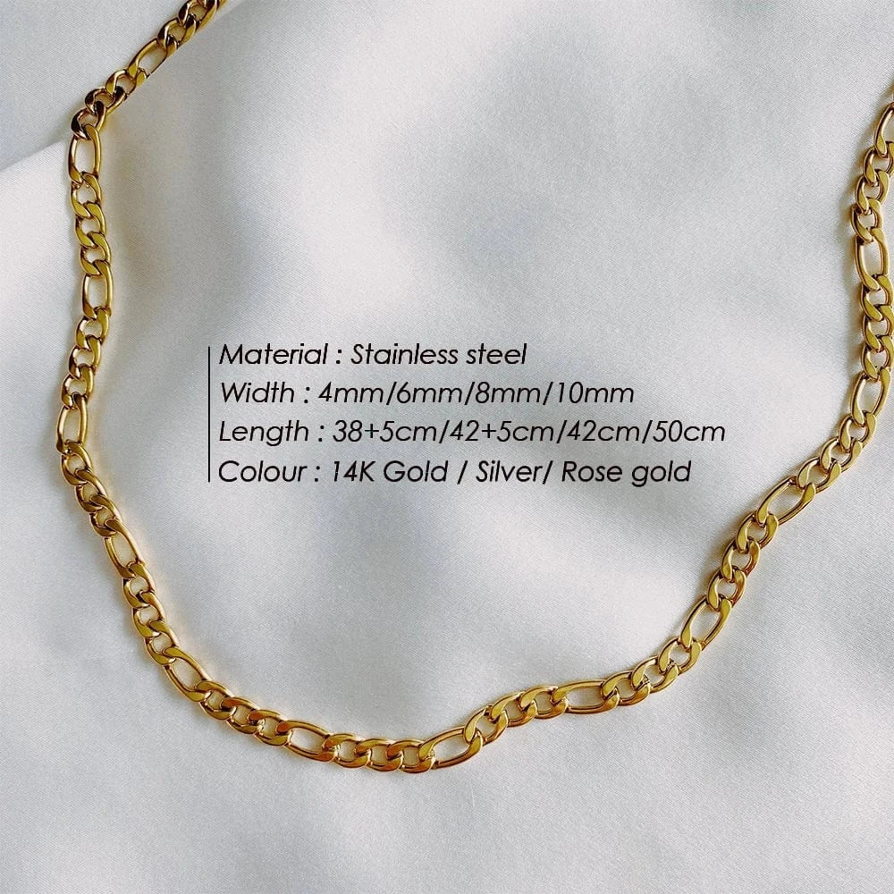 eManco Wholesale Fashion Women Men Hip Hop Jewelry Gold Plated  Figaro Link Chain Necklace Stainless Steel