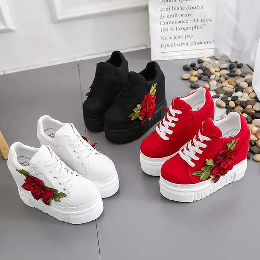 Embroidered Flowers Canvas Sneakers Women High Wedge Sneaker Fashion White/black/red Platform Sneakers Woman Casual Shoes