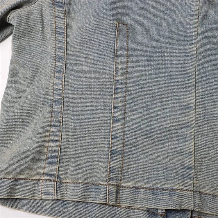 Embroidery Colorblock Coats For Women Round Neck Long Sleeve Patchwork Zipper Casual DenimJackets