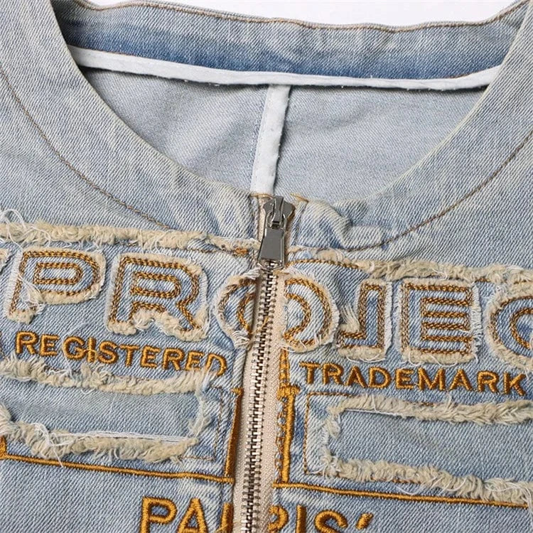 Embroidery Colorblock Coats For Women Round Neck Long Sleeve Patchwork Zipper Casual DenimJackets