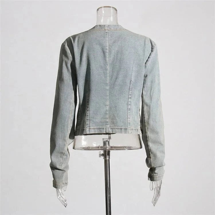 Embroidery Colorblock Coats For Women Round Neck Long Sleeve Patchwork Zipper Casual DenimJackets