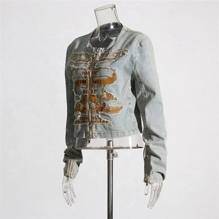 Embroidery Colorblock Coats For Women Round Neck Long Sleeve Patchwork Zipper Casual DenimJackets