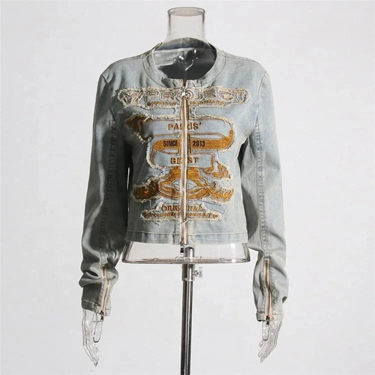 Embroidery Colorblock Coats For Women Round Neck Long Sleeve Patchwork Zipper Casual DenimJackets