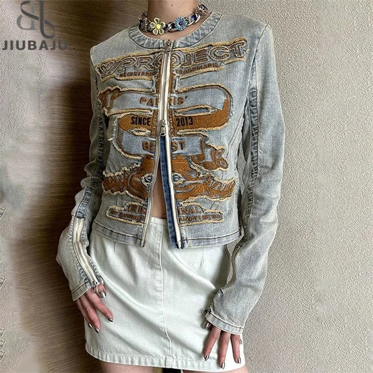 Embroidery Colorblock Coats For Women Round Neck Long Sleeve Patchwork Zipper Casual DenimJackets