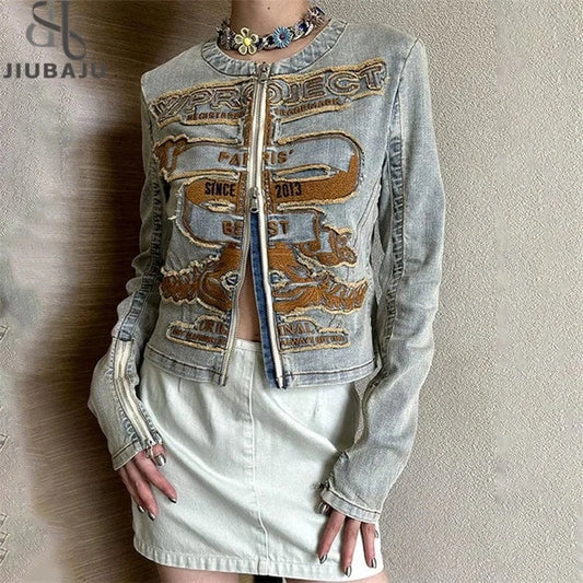 Embroidery Colorblock Coats For Women Round Neck Long Sleeve Patchwork Zipper Casual DenimJackets