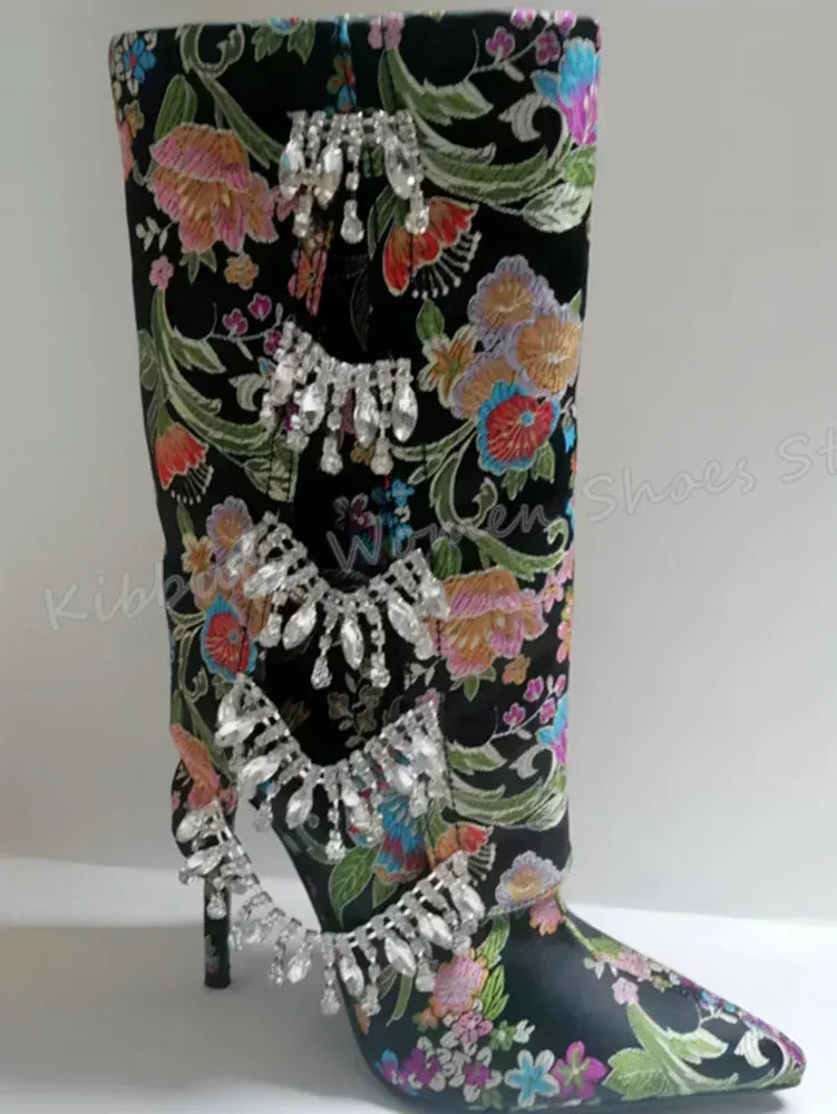 Embroidery Crystal Knee High Boots Glossy Fashion Elegant Luxury Novelty Concise Slip-On Pointed Toe Thin Heels Women Shoes New