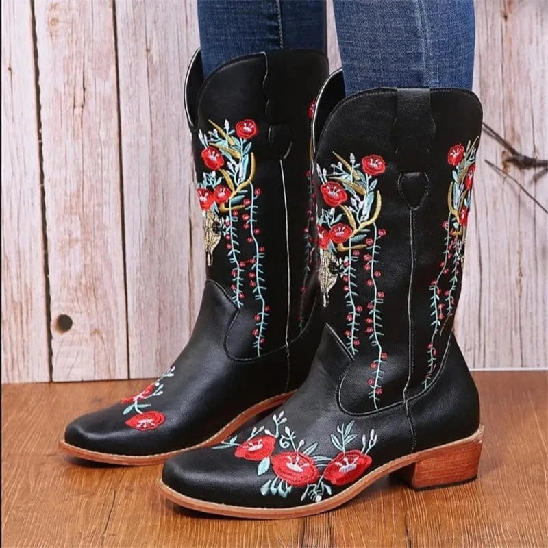 Embroidery Floral Leather Cowboy Knight Boots for Women Pointed Toe Block Heel Street Fashion Western Mid Calf Boots