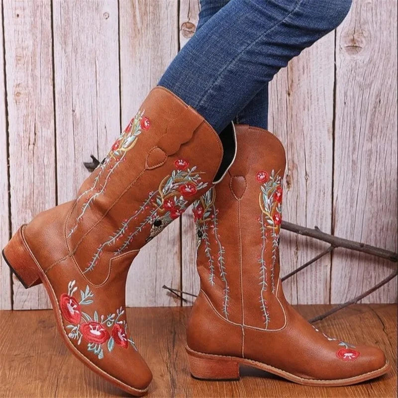 Embroidery Floral Leather Cowboy Knight Boots for Women Pointed Toe Block Heel Street Fashion Western Mid Calf Boots