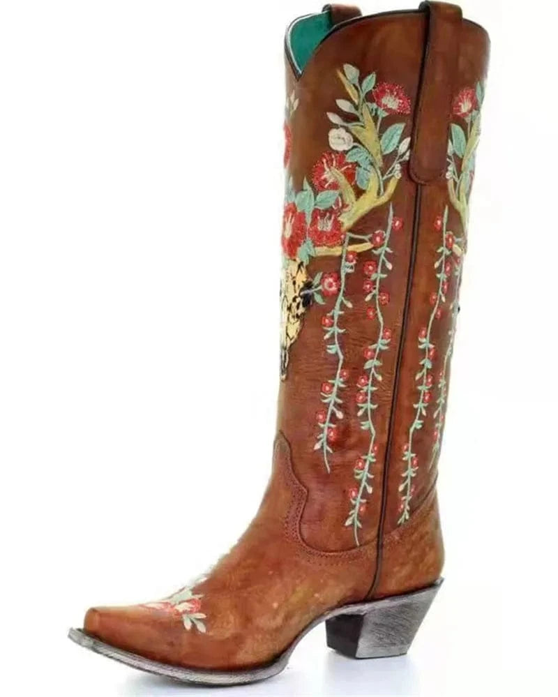 Embroidery Floral Leather Cowboy Knight Boots for Women Pointed Toe Block Heel Street Fashion Western Mid Calf Boots