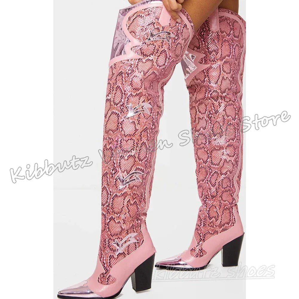 Embroidery Over The Knee Boots Cowboy Slip-On Pointy Chunky Heels Mixed Color Fashion Elegant Concise Novelty Women Shoes Newest