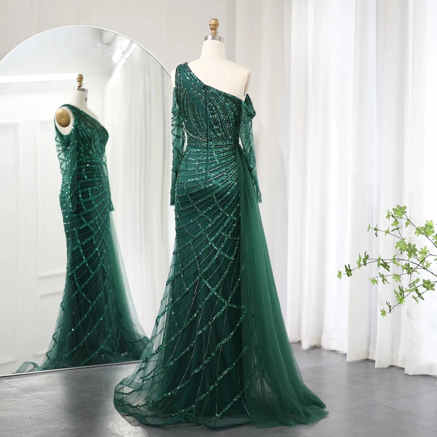 Emerald Green One Shoulder Mermaid Evening Dress with Overskirt Long Sleeves Luxury Dubai Wedding Party Gowns SZ413