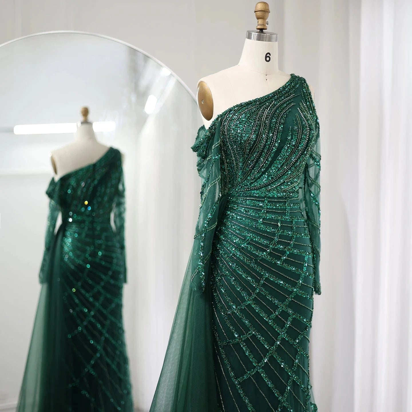 Emerald Green One Shoulder Mermaid Evening Dress with Overskirt Long Sleeves Luxury Dubai Wedding Party Gowns SZ413