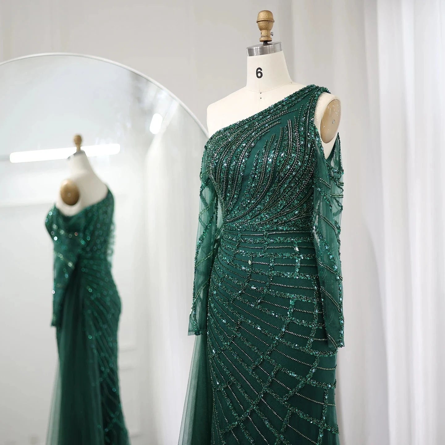 Emerald Green One Shoulder Mermaid Evening Dress with Overskirt Long Sleeves Luxury Dubai Wedding Party Gowns SZ413