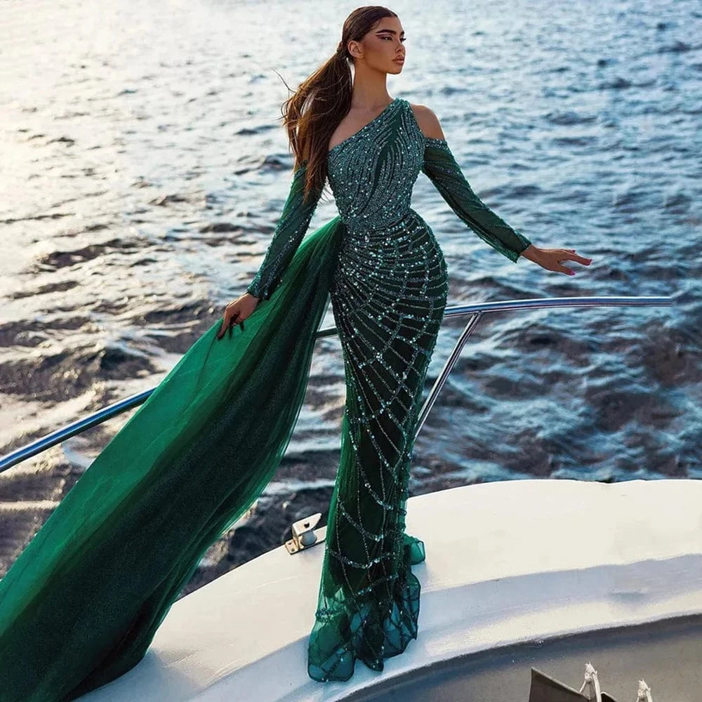 Emerald Green One Shoulder Mermaid Evening Dress with Overskirt Long Sleeves Luxury Dubai Wedding Party Gowns SZ413