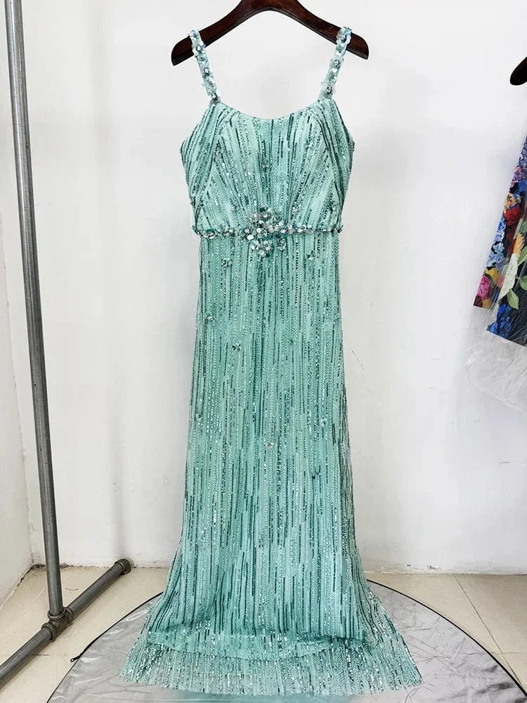 Emerald Green / XXL HIGH STREET Newest 2025 Fashion Stylish Designer Women's Sexy Stunning  beaded sequined gauze Sleeveless Tank Floor Long Dress