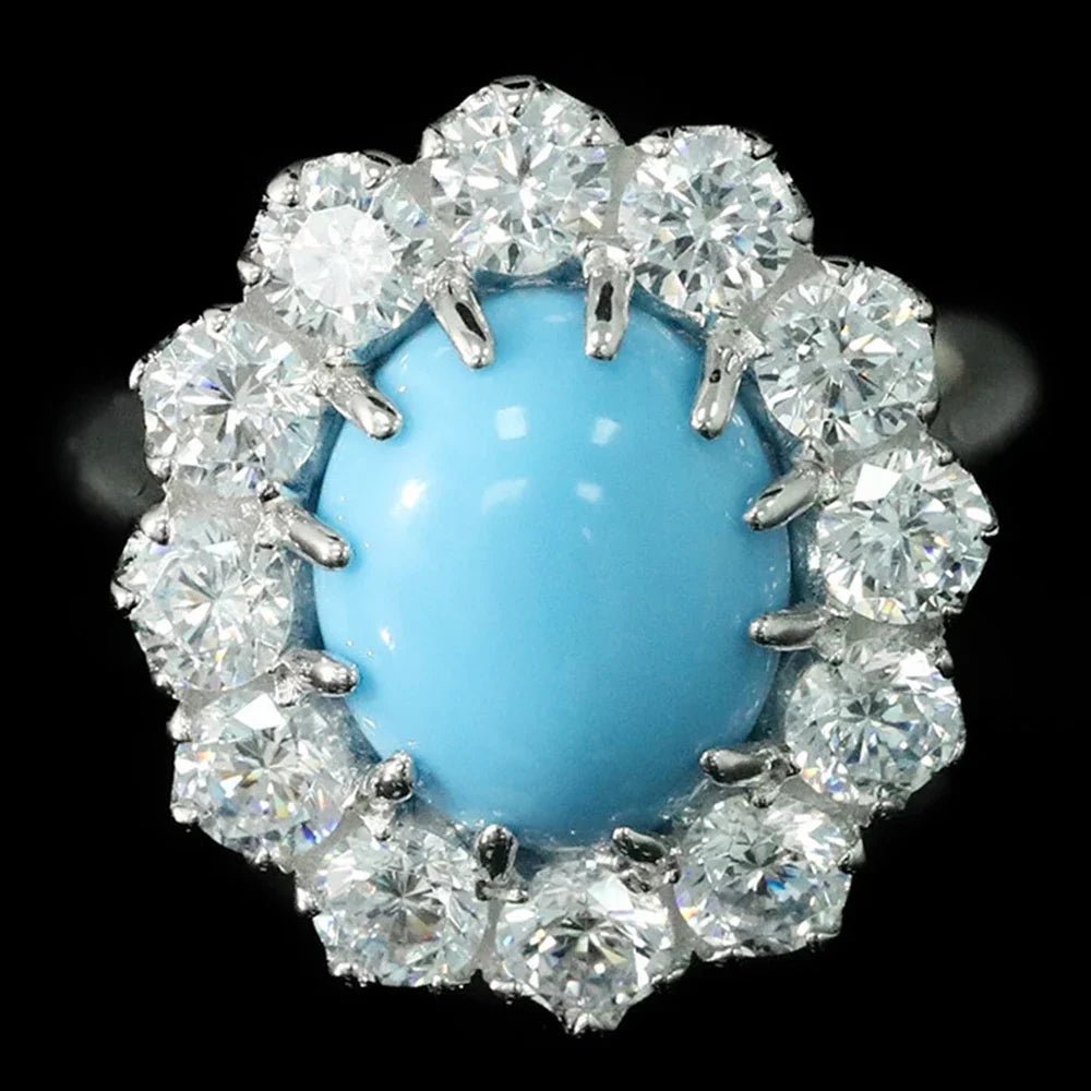 Engagement Ring Sterling Silver With Turquoise And Oval Cut Lab Sapphire – Elegant Style - SN Wigs & More