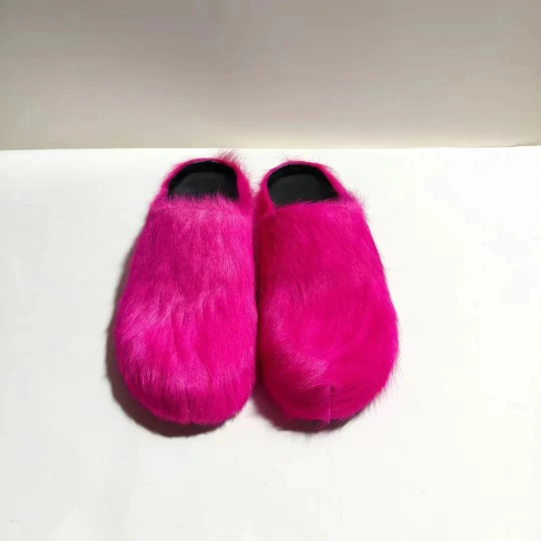 Enmayer Custom colors women genuine leather calf hair flat mules clogs round toe slippers for men