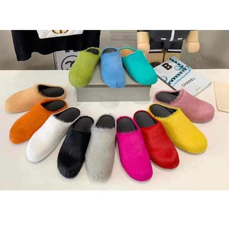 Enmayer Custom colors women genuine leather calf hair flat mules clogs round toe slippers for men