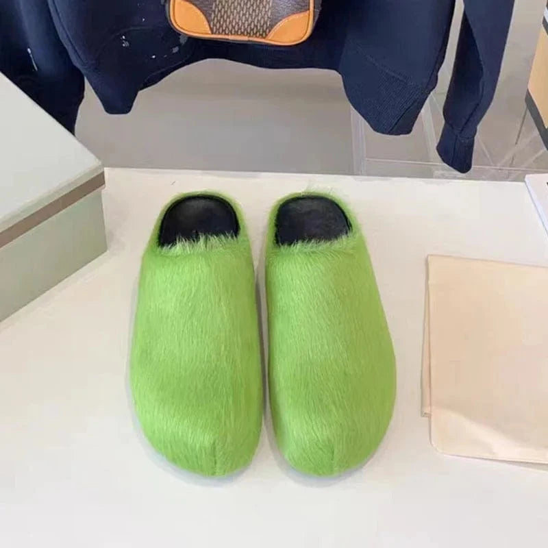 Enmayer Custom colors women genuine leather calf hair flat mules clogs round toe slippers for men
