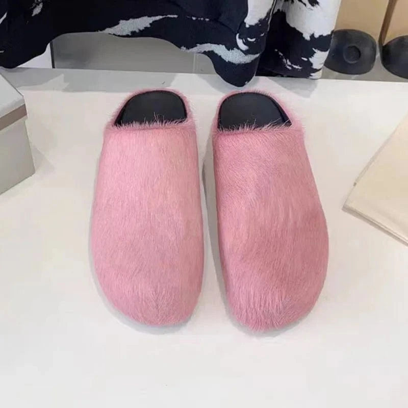 Enmayer Custom colors women genuine leather calf hair flat mules clogs round toe slippers for men
