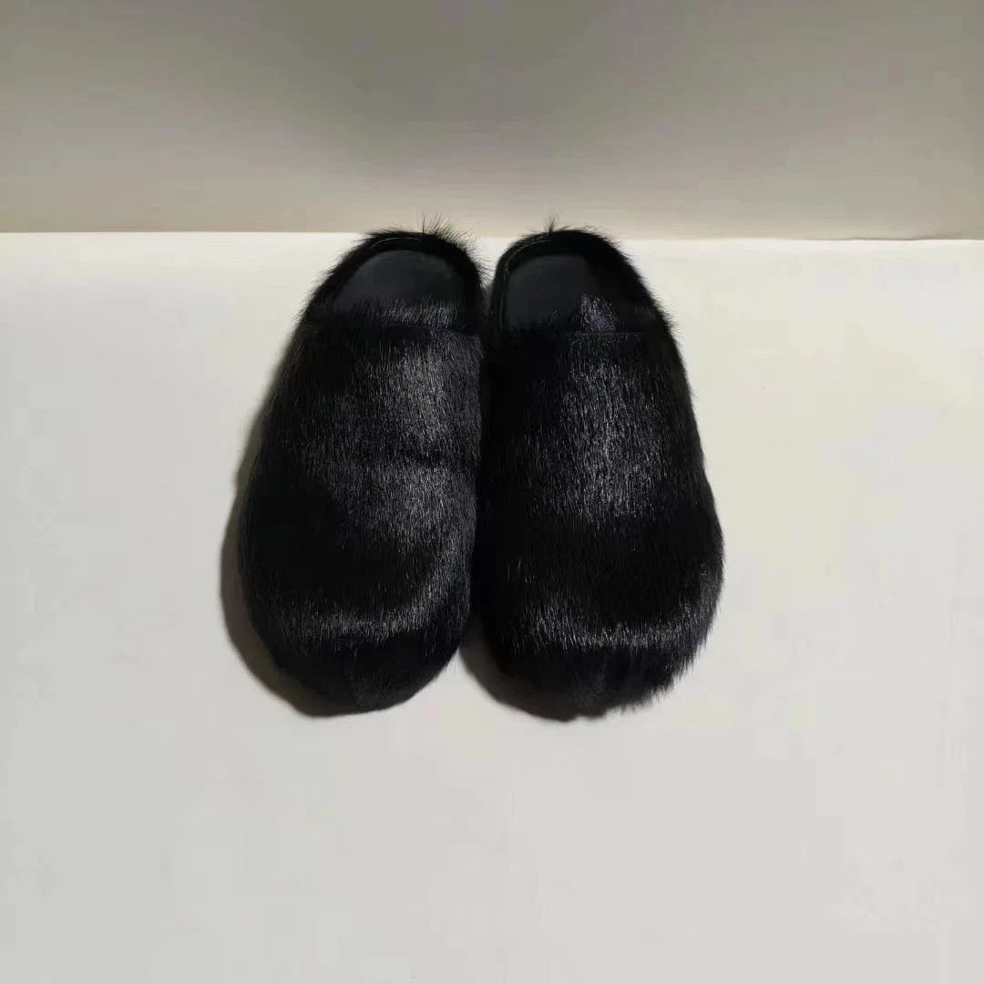 Enmayer Custom colors women genuine leather calf hair flat mules clogs round toe slippers for men