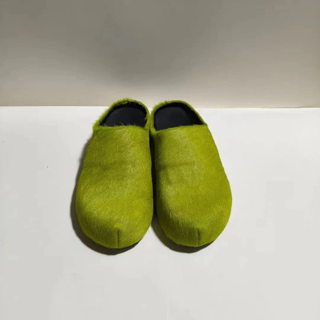 Enmayer Custom colors women genuine leather calf hair flat mules clogs round toe slippers for men