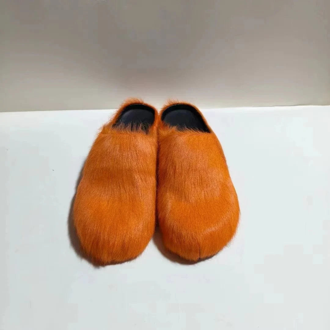 Enmayer Custom colors women genuine leather calf hair flat mules clogs round toe slippers for men