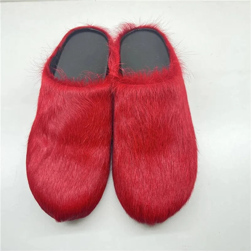 Enmayer Custom colors women genuine leather calf hair flat mules clogs round toe slippers for men