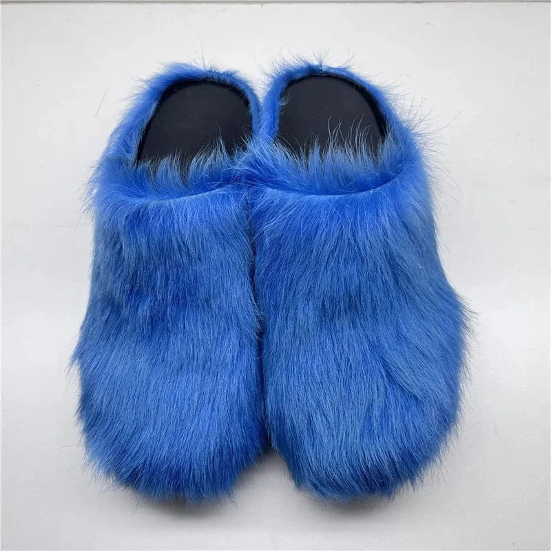 Enmayer Custom colors women genuine leather calf hair flat mules clogs round toe slippers for men