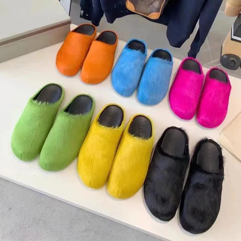 Enmayer Custom colors women genuine leather calf hair flat mules clogs round toe slippers for men