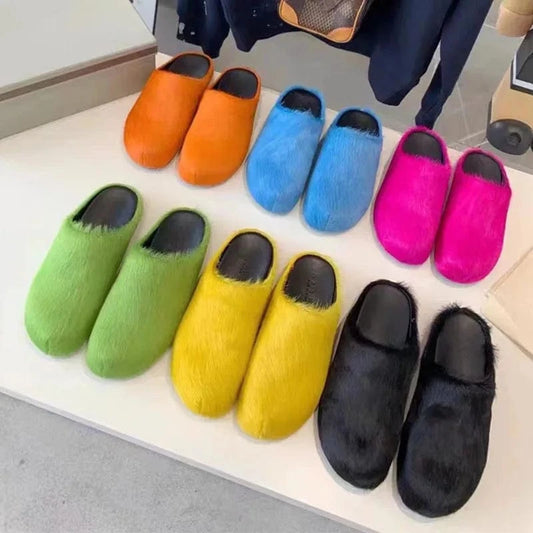 Enmayer Custom colors women genuine leather calf hair flat mules clogs round toe slippers for men