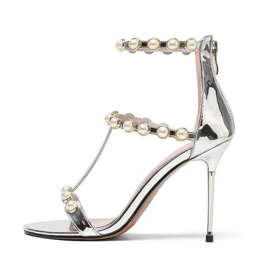 ENMAYER Female Designer Heels Round Toe Pearl Decoration Back Wrap Women Party Sandals