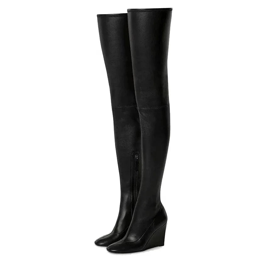 ENMAYER Female Popular Pointed Toe Wedge Heel Elastic Leather Over The Knee Women Thigh High Boots