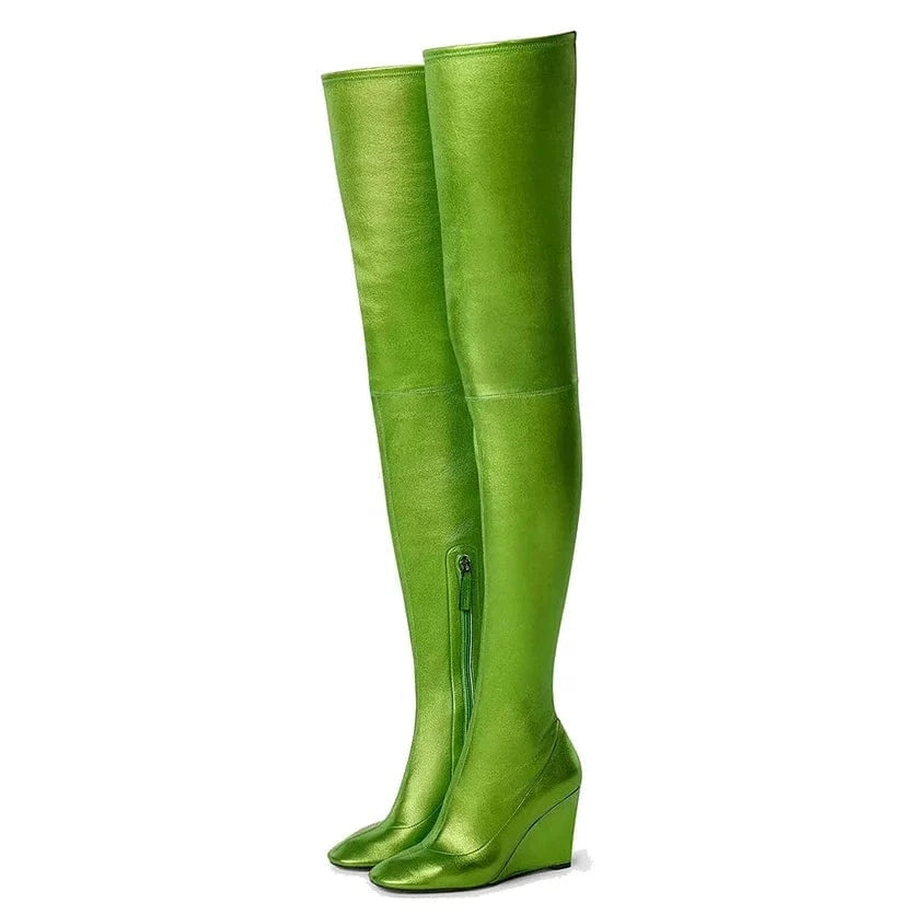 ENMAYER Female Popular Pointed Toe Wedge Heel Elastic Leather Over The Knee Women Thigh High Boots