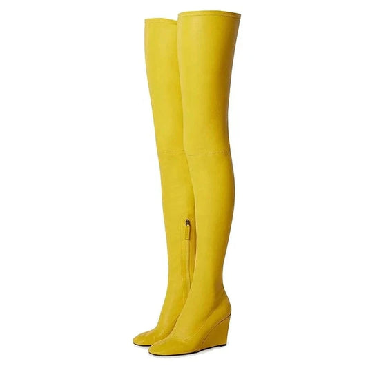 ENMAYER Female Popular Pointed Toe Wedge Heel Elastic Leather Over The Knee Women Thigh High Boots