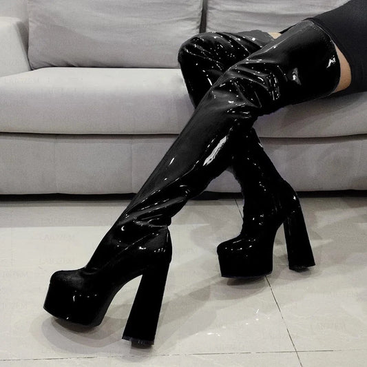 Enmayer Women fashion high-heeled long denim high boots stiletto over-the-knee boots