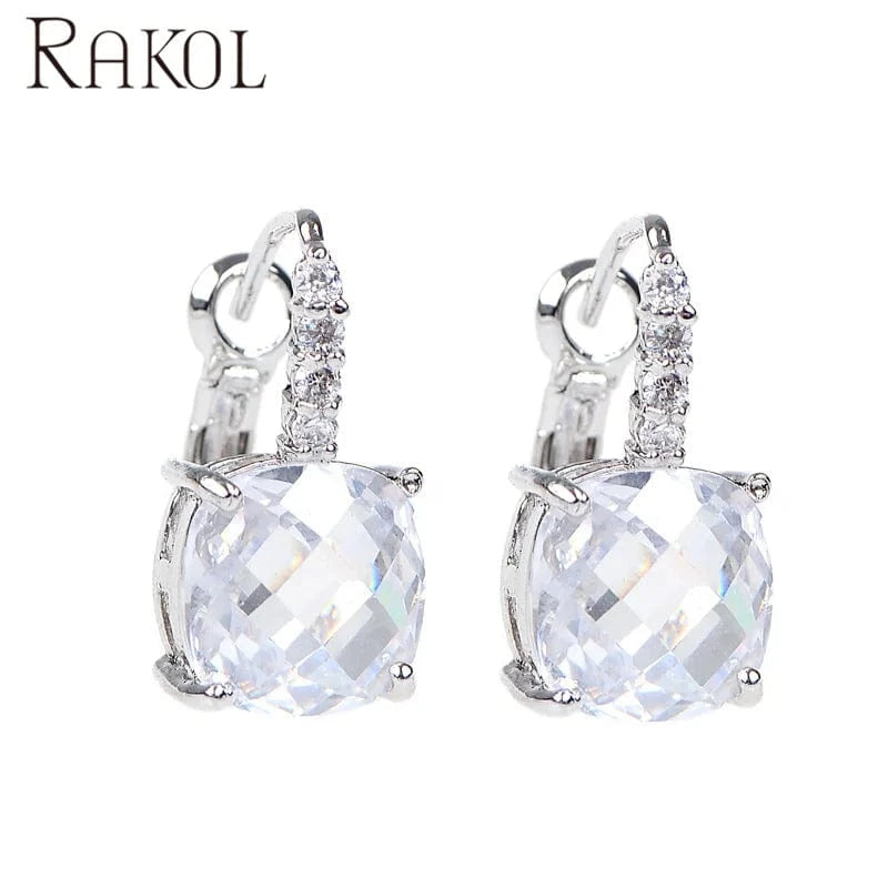 EP058 White RAKOL EP2905 fine designer luxury fancy  diamond gold  small  hoop earrings 18k for women  cz cubic zirconia  huggie earring set