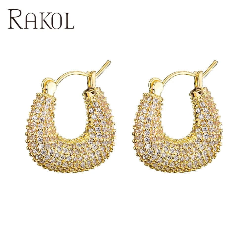 EP1043 Gold RAKOL  EP1043  Luxury Zirconia Earrings 18k Gold Pvd Plated Gold Sparkling Party  Hoop Earrings Fast &a