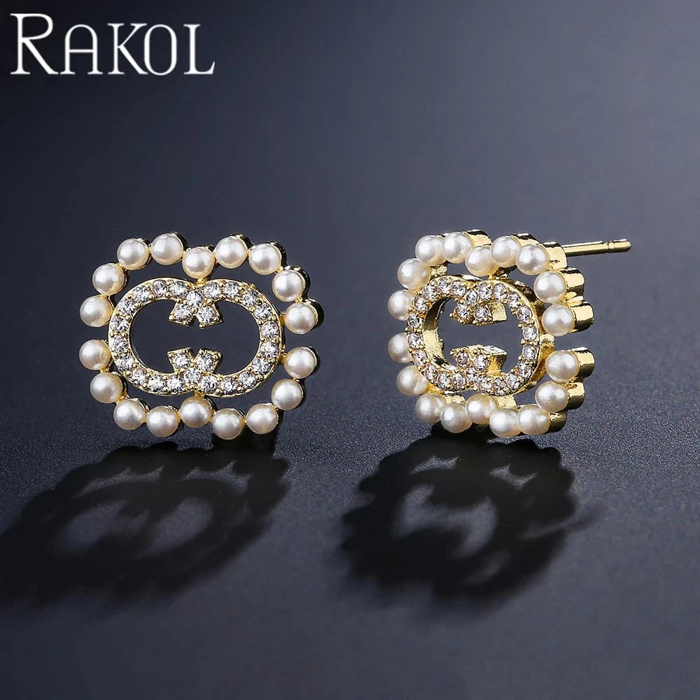EP5149  -Gold RAKOL EP5149 Luxury Famous Brands Designer High Quality Trendy Jewelry CC Pearl Stud Earrings Party for Women