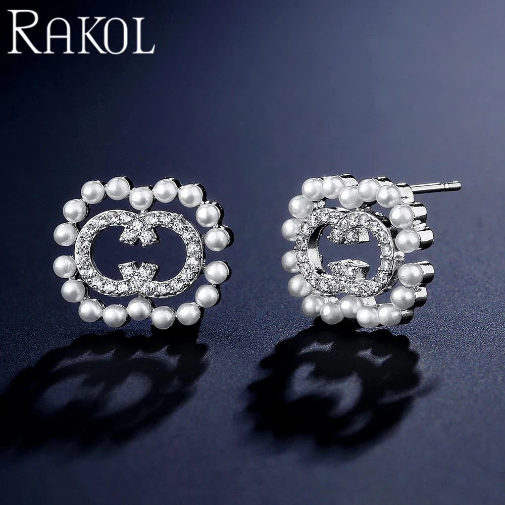 EP5149  -White RAKOL EP5149 Luxury Famous Brands Designer High Quality Trendy Jewelry CC Pearl Stud Earrings Party for Women