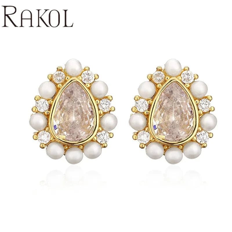 EP5542  -Gold RAKOL EP5149 Luxury Famous Brands Designer High Quality Trendy Jewelry CC Pearl Stud Earrings Party for Women