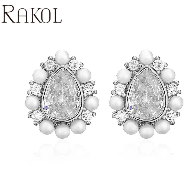 EP5542 -White RAKOL EP5149 Luxury Famous Brands Designer High Quality Trendy Jewelry CC Pearl Stud Earrings Party for Women