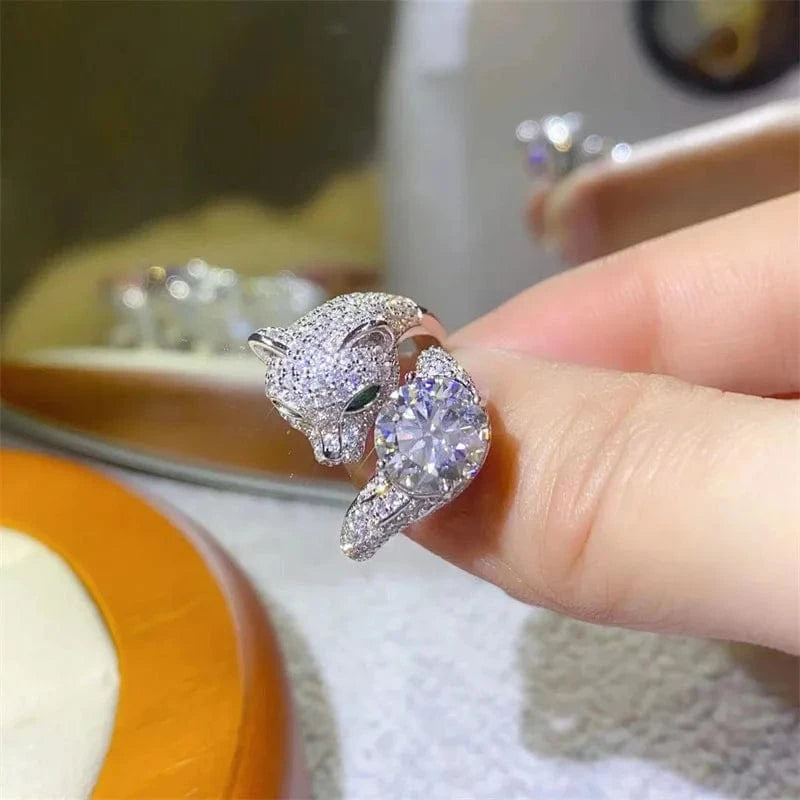 Etsy High Quality Hiphop Jewelry S925 Sterling Silver 2 Carat Green Colored Moissanite Leopard Head Diamond Adjustable Ring Women